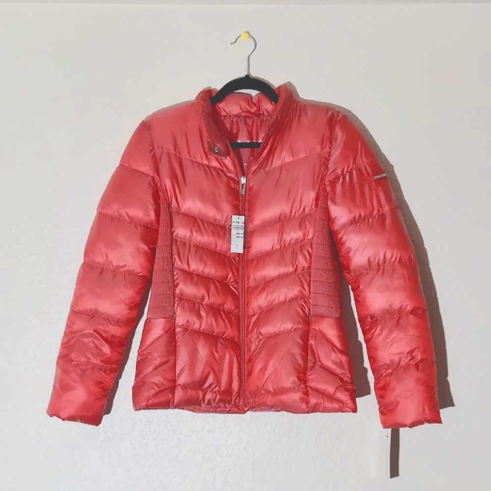 Via Spiga Lipstick Coral Shiny Full Zip Casual Puffer Jacket Women's Size S NWT